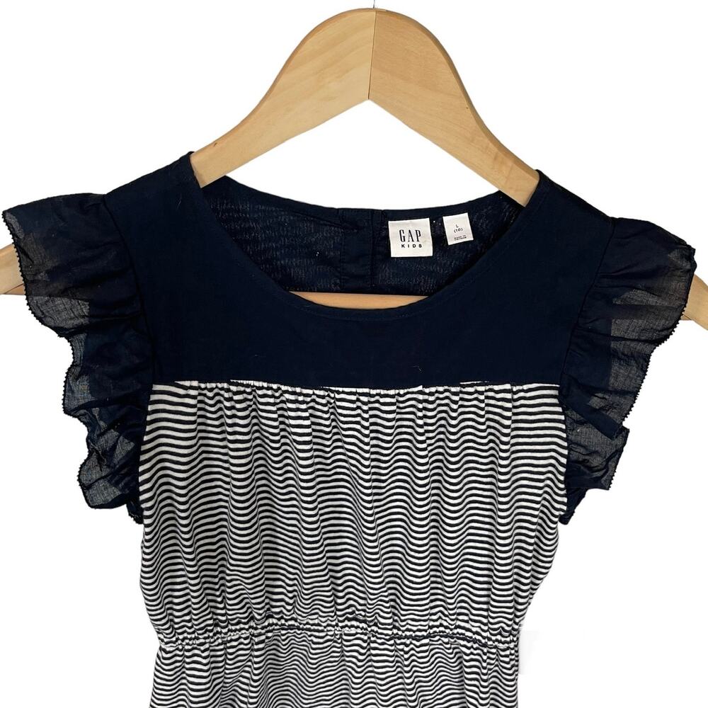 Girls L 10 GAP Kids Navy Blue White Ruffle Flutter Sleeve Stripe Summer Dress - Picture 4 of 5